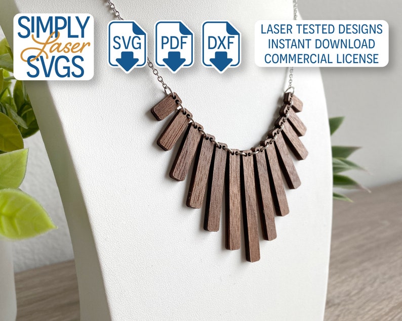 May include: A wooden necklace with a geometric design. The necklace is made of brown wood and has a silver chain. The necklace is on a white mannequin bust. The image also includes the text "SIMPLY Laser SVGs", "SVG", "PDF", "DXF", "LASER TESTED DESIGNS", "INSTANT DOWNLOAD", and "COMMERCIAL LICENSE".