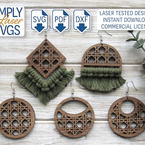 May include: Five laser cut wooden earrings with geometric designs. The earrings are in the shape of a square, a half circle, and two circles. The earrings are on a wooden surface with green tassels.
