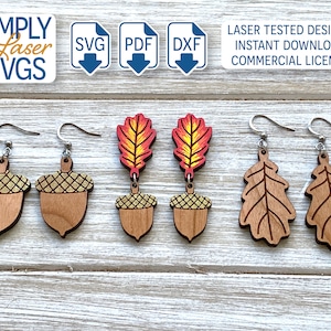 Autumn Oak Leaf & Acorn Dangle Earring SVG Bundle, Fall Leaf Earring Laser File, Commercial Use License
