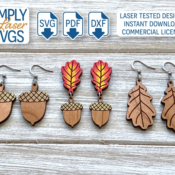 Autumn Oak Leaf & Acorn Dangle Earring SVG Bundle, Fall Leaf Earring Laser File, Commercial Use License