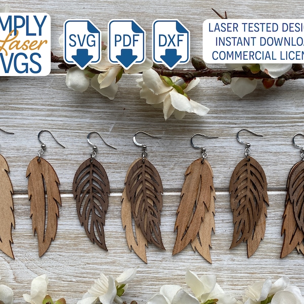 Boho Feather Earring SVG, Layered Dangle Earring, Laser Ready Cut Files, Commercial Use License