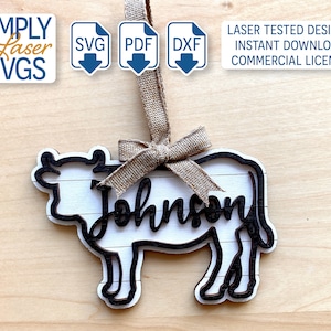 Cow Christmas Ornament SVG, Layered Farmhouse Ornament SVG, Rustic Christmas Decor, Personalized Ornament Laser File, Commercial Use SVG
