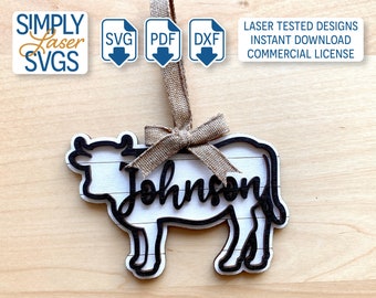 Cow Christmas Ornament SVG, Layered Farmhouse Laser File (Digital Download)