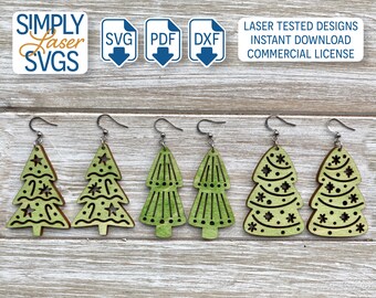 May include: Six pairs of green wooden Christmas tree earrings with different designs. The earrings are on a wooden surface.  SIMPLY Laser SVGs, SVG, PDF, DXF, LASER TESTED DESIGNS, INSTANT DOWNLOAD, COMMERCIAL LICENSE.
