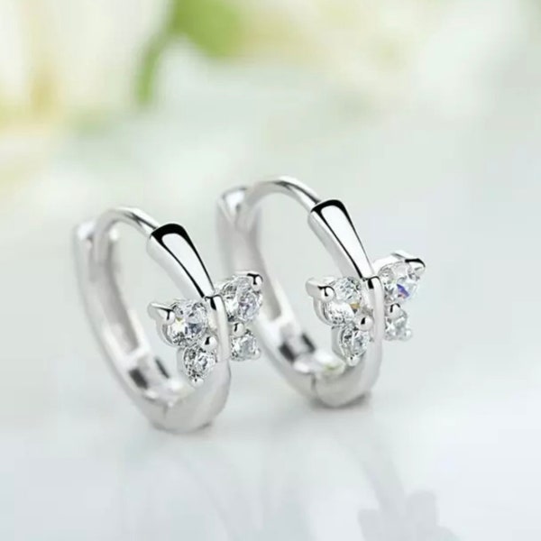 925 Sterling Silver Girl's Kid's Small Butterfly CZ Huggie Hoop Earrings