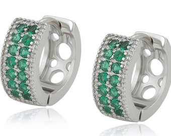 18ct White Gold GF Women's Girl's Emerald Green Gemstone Double Row Hoop Earrings By AT Jewellery