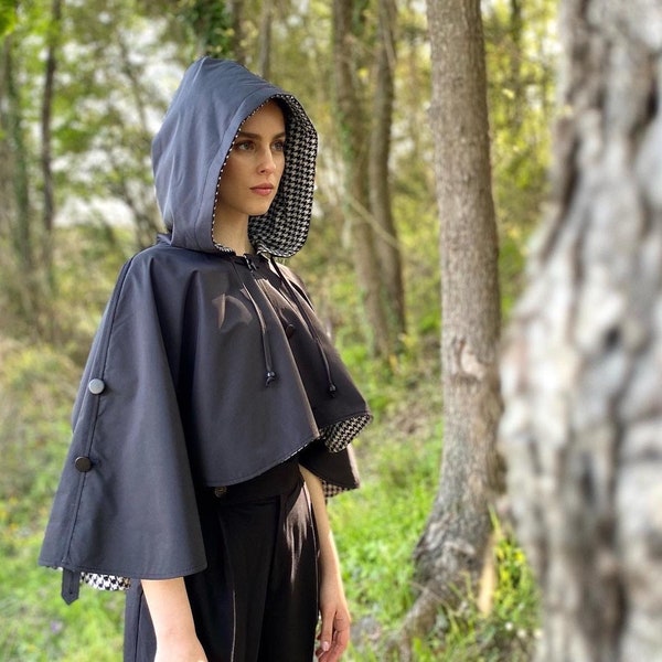 Crop rain cape coat, one size, handcrafted, unisex, black poncho