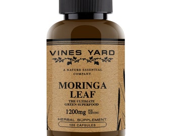 May include: Brown bottle with a label that says "Vines Yard A Nature Essential Company. Moringa Leaf The Ultimate Green Superfood 1200mg Per Serving Herbal Supplement 100 Capsules"
