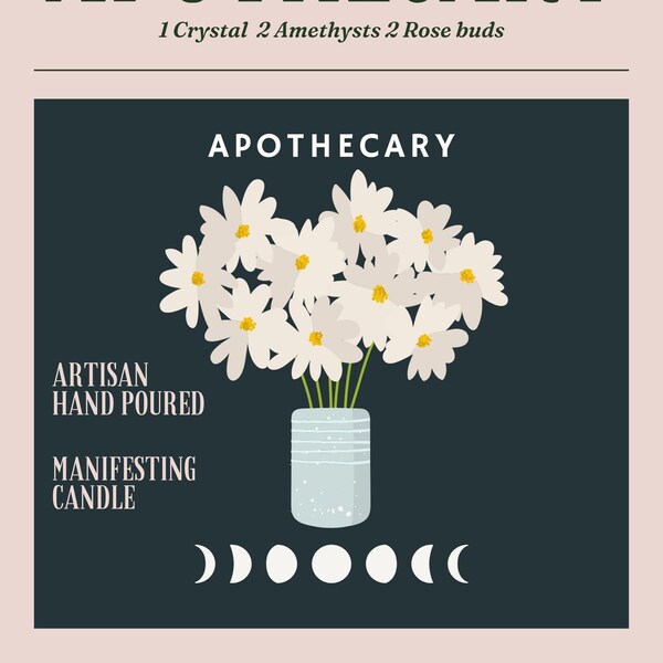 MANIFESTING CANDLE Apothecary included: 1 Quartz Crystal 2 Amethysts, 2 Rosebuds
