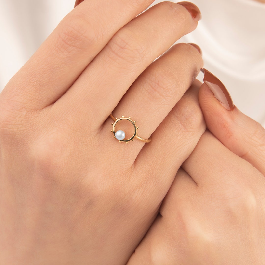 Unique Retro Pearl Joint Ring in 14k Solid Gold Minimal Pearl Etsy