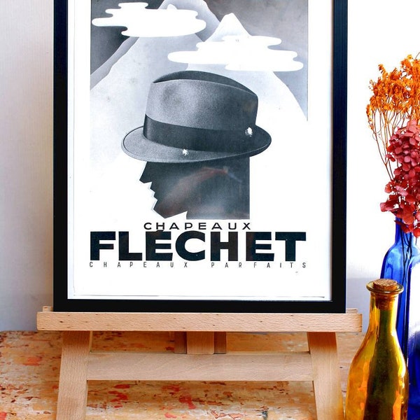 Chapeaux Fléchet mode homme - affiche originale vintage publicité années 30 - 30x40cm - décoration murale - sans cadre