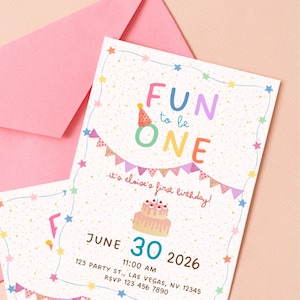 FUN to be ONE, kleurrijke uitnodiging voor het eerste verjaardagsfeestje