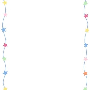 May include: A whimsical border design featuring a light blue wavy line adorned with colorful star shapes. The stars are in shades of pink, yellow, green, orange, and blue, creating a playful and cheerful aesthetic. The border is set against a white background.