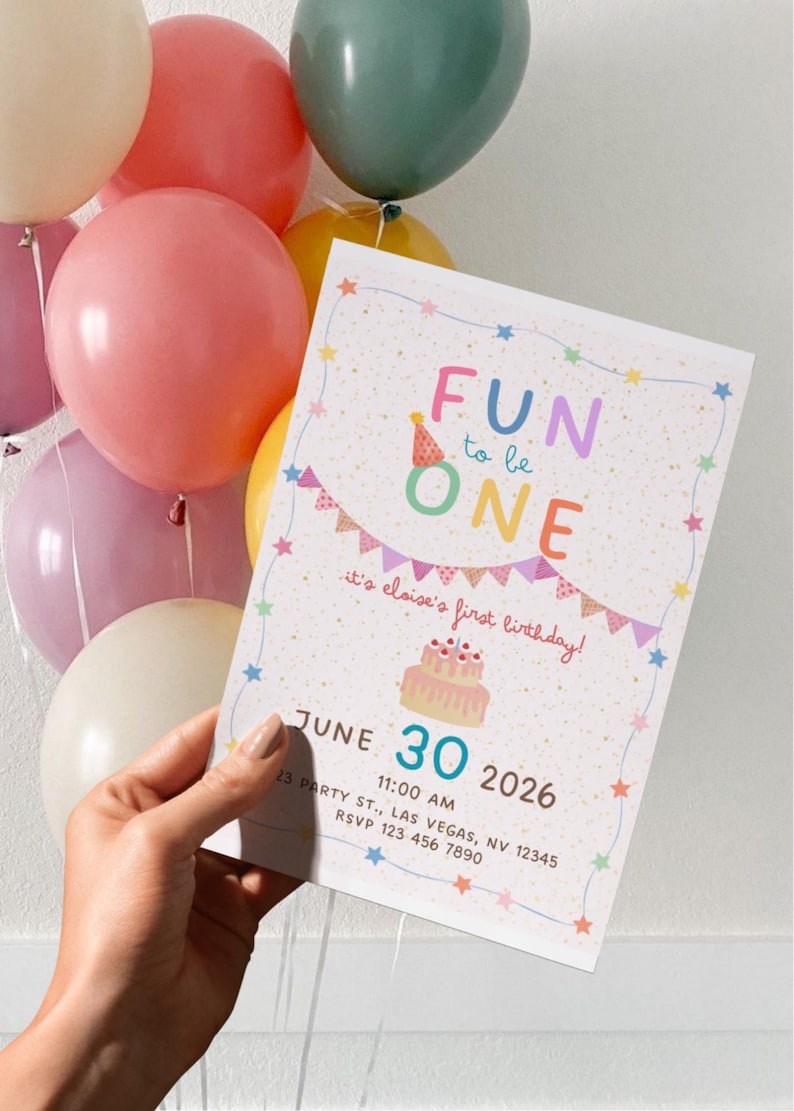FUN to be ONE, Colorful First Birthday Party Invitation image 2