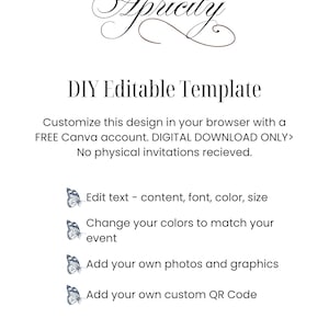 May include: White DIY Editable Template with the text "Apricity" in an elegant script. The template allows users to edit text, change colors, add photos and graphics, and add a custom QR code. The design is available as a digital download.