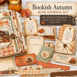 May include: A Bookish Autumn junk journal kit featuring a collection of paper ephemera, including a journal with a bookstore cover, tags, library cards, and envelopes. The set displays orange and brown plaid patterns, autumn leaves, and text.