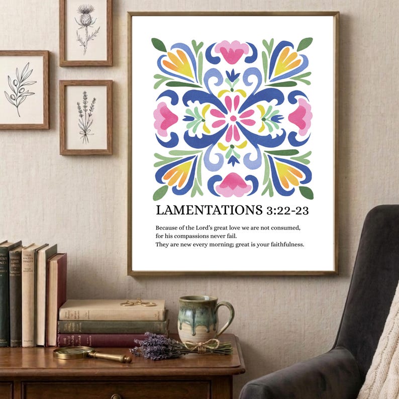 Lamentations 3:22-23 Folk Art Print – Colorful Floral Scripture Wall ...