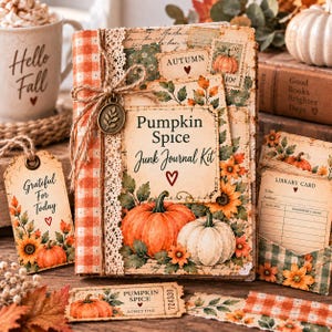 May include: A Pumpkin Spice Junk Journal Kit featuring a scrapbook with orange gingham spine, lace trim, and twine bow with a leaf charm. The cover displays pumpkins, sunflowers, and text. Includes a matching tag, library card, and ticket.