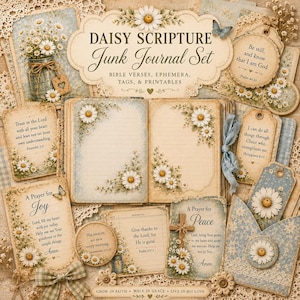 May include: A Daisy Script Junk Journal set featuring printed ephemera, tags, and pages with floral daisy motifs and Bible verses. The collection includes an open journal, prayer cards, and decorative paper elements in shades of blue and cream.