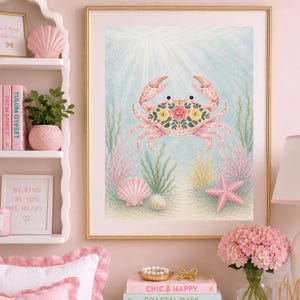 Floral Crab Wall Art Print: Pink Ocean Animal Decor for Girls Room Teen Tween