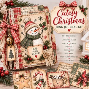 Puede incluir: Un kit de diario creativo Cutesy Christmas con un muñeco de nieve, cintas de cuadros rojos y un cascabel. El kit incluye más de 100 imprimibles, páginas de diario, etiquetas, bolsillos, efímera, marcapáginas, pegatinas y parches de tela.