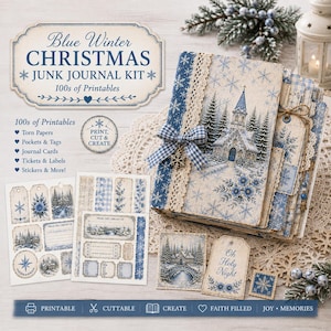 May include: A Blue Winter Christmas junk journal kit featuring a bound book with a blue and cream snowflake cover, a blue gingham bow, and lace trim. Includes printed sheets of tags, labels, and journal cards with winter scenes and text.