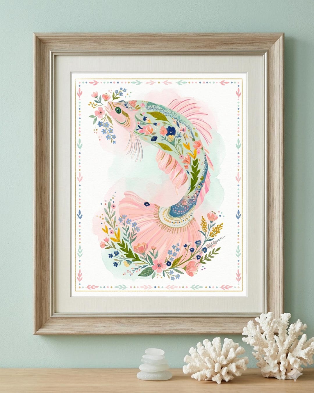 Floral Fish Wall Art Print: Pastel Coastal Grandma Decor (digital ...