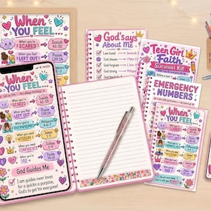 Tween Faith Journaling bundel tiener christelijke afdrukbare meisjes bijbel journaling kit schriftkaarten lunchbox notities kunst aan de muur telefoon behang