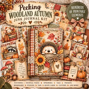 Pode incluir: Um kit de junk journal Peeking Woodland Autumn com elementos imprimíveis como etiquetas, bolsos e cartões de citações. A coleção exibe ilustrações de um ouriço, raposa, guaxinim e coelho, junto com folhas de outono, girassóis e abóboras.