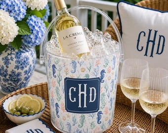 Cubitera acrílica personalizada con diseño de caballito de mar, estilo preppy, con monograma, decoración personalizada para fiestas de cócteles, regalo para anfitrionas, decoración sureña.
