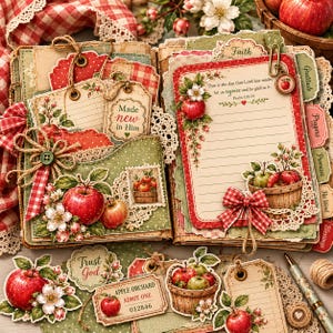 May include: A scrapbook journal featuring red apple illustrations, gingham fabric accents, and lace trim. The pages include lined paper with the text 'This is the day that Lord has made, let us rejoice and be glad in it. Psalm 118:24' and various tags.