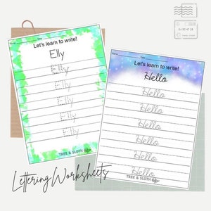May include: Two lettering worksheets with the text "Let's learn to write!" and the words "Elly" and "Hello" in cursive. One worksheet has a green and blue watercolour border, the other has a purple and blue border. The words "Lettering Worksheets" are written below.