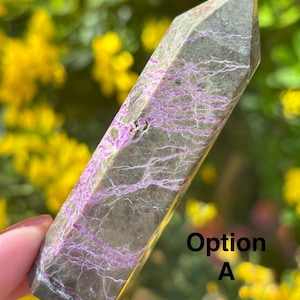 May include: A rectangular crystal with a polished finish and a pointed top. The stone is predominantly grey with vibrant purple veining. The text "Option A" is visible. The background features yellow flowers.