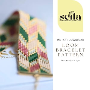 May include: A woven bracelet featuring a geometric chevron pattern in shades of green, pink, and cream. The text on the right reads: seila HANDCRAFTED JEWELLERY, INSTANT DOWNLOAD, LOOM BRACELET PATTERN, MIYUKI DELICA 11/0. The design is made of small beads.