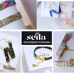 May include: A collage of beaded bracelets in various colors, including blue, green, pink, and gold. Some bracelets are displayed on white boxes, while others are shown with their packaging. The text "Seila Instant Download 3 Pattern Bundle" is also visible.