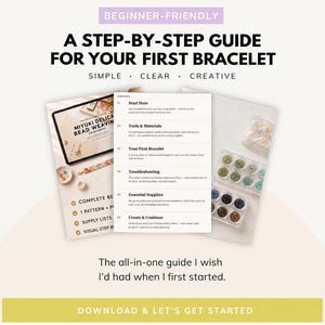Könnte beinhalten: Ein digitaler Leitfaden mit dem Titel A Step-By-Step Guide For Your First Bracelet mit Abschnitten zu Werkzeugen, Materialien und Fehlerbehebung. Er enthält ein Inhaltsverzeichnis, Perlenbehälter und den Text Download & Let's Get Started.
