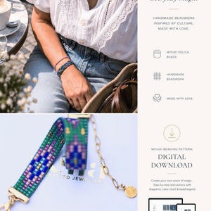 May include: A colorful beaded bracelet with green, blue, and pink beads is displayed. The image also shows a digital download pattern for Miyuki beaded jewelry, with the text "Colorful Details, Everyday Magic."