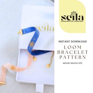 May include: A blue and a light peach loom bracelet pattern featuring Miyuki Delica 11/0 beads. The bracelets are displayed on a white box with the text Seila Handcrafted Jewellery, Instant Download, Loom Bracelet Pattern, Miyuki Delica 11/0.