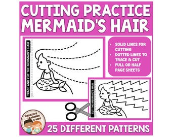Cutting Practice Mermaid Hair Worksheets | Preschool Fine Motor Scissor Skills
