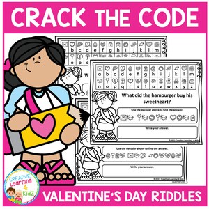 May include: A black and white printable worksheet with a Valentine's Day theme. The worksheet features a code-breaking activity where students use a decoder to solve a riddle. The riddle asks "What did the hamburger buy his sweetheart?"