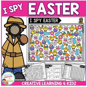 May include: A printable I Spy Easter activity sheet featuring a detective character with a magnifying glass. The sheet includes a grid with various Easter-themed images, including bunnies, chicks, eggs, carrots, and flowers. The text "I Spy Easter" is displayed at the top of the sheet.