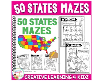 May include: A colorful map of the United States with 50 states mazes. The mazes feature different state-specific icons, such as a cowboy hat for Wyoming and a redwood tree for California. The title "50 States Mazes" is displayed at the top of the image.