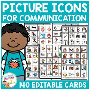 K&ouml;nnte beinhalten: Ein Satz von 140 editierbaren Kommunikations-Bildern f&uuml;r Kinder. Die Icons sind schwarz-wei&szlig;e Strichzeichnungen mit Farbakzenten. Die Icons sind in Gittern auf wei&szlig;em Hintergrund angeordnet. Das Bild enth&auml;lt auch eine Cartoon-Illustration eines jungen Jungen.