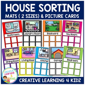 Puede incluir: Un conjunto educativo colorido titulado "HOUSE SORTING MATS & PICTURE CARDS" con ilustraciones de varias habitaciones como baño, lavadero y dormitorio. El conjunto incluye tarjetas ilustradas y tapetes de clasificación.