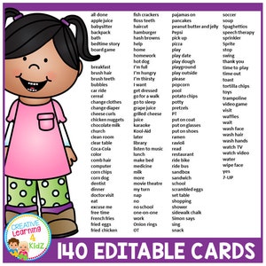 May include: A colorful illustration of a girl with a pink dress and green polka dot pants. The image includes a list of 140 words, including "all done", "apple juice", "babysitter", "backpack", "bath", "bedtime story", "board game", "breakfast", "brush hair", "brush teeth", "bubbles", "car ride", "cereal", "change clothes", "change diaper", "cheese curls", "chicken nuggets", "chocolate milk", "church", "clean room", "clean table", "Coca-Cola", "color", "comb hair", "computer", "corn chips", "corn dog", "dentist", "doctor visit", "eat", "excuse me", "free time", "French fries", "fried eggs", "fried chicken", "fish crackers", "floss teeth", "hair cut", "hamburger", "hash browns", "help", "home", "homework", "hot dog", "I'm full", "I'm hungry", "I'm thirsty", "I want", "get dressed", "go for a walk", "go to sleep", "grape juice", "grilled cheese", "juice", "karaoke", "Kool-Aid", "later", "library", "listen to music", "lunch", "make bed", "medicine", "more", "movie theatre", "my turn", "nap", "no school", "one-on-one", "work", "onion rings", "OT", "pajamas on", "pancakes", "peanut butter and jelly", "Pepsi", "pick up", "pizza", "play", "play date", "play dough", "playground", "play outside", "please", "popcorn", "pool", "potato chips", "potty", "pretzels", "put on coat", "put on glasses", "put on shoes", "ramen", "raviol", "read", "restaurant", "ride bike", "ride bus", "sandbox", "sandwich", "school", "scrambled eggs", "set table", "shopping", "shower", "sidewalk chalk", "Simon says", "sing", "snack", "soccer", "soup", "Spaghettios", "speech therapy", "sprinkler", "Sprite", "stop", "swing", "thank you", "time to play", "time out", "toast", "tortilla chips", "toys", "trampoline", "video game", "wait", "waffles", "wash face", "wash hair", "wash hands", "watch TV", "watch video", "water", "wipe face", "yes", "7-UP".