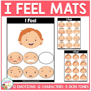 Puede incluir: Un conjunto de alfombras imprimibles "Me siento" para niños. Cada alfombra presenta un personaje de dibujos animados con diferentes expresiones faciales que representan diversas emociones. Las alfombras incluyen 12 emociones, 12 personajes y 5 tonos de piel.