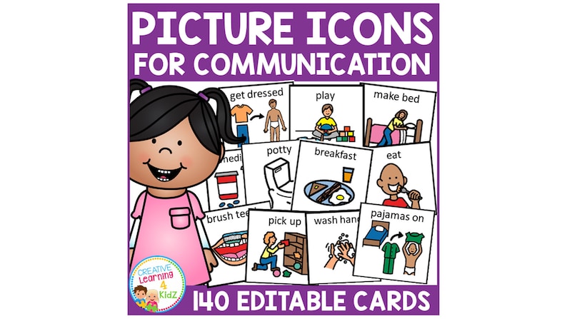 May include: A set of 140 editable picture icons for communication. The icons depict various daily activities, such as getting dressed, playing, making the bed, eating, brushing teeth, and more. The icons are colorful and feature simple illustrations.