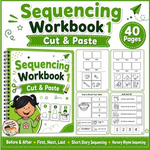 May include: A green and white spiral-bound Sequencing Workbook 1 Cut & Paste with 40 pages. The cover features a cartoon character pointing to a snowman sequence. The interior pages show various cut and paste activities, including sequencing steps for brushing teeth and nursery rhymes.