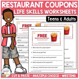 Habilidades para la vida: Hojas de trabajo para leer cupones de restaurantes - Educación especial