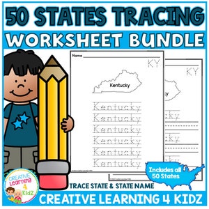 50 States Handwriting Practice Tracing Worksheets USA Geography